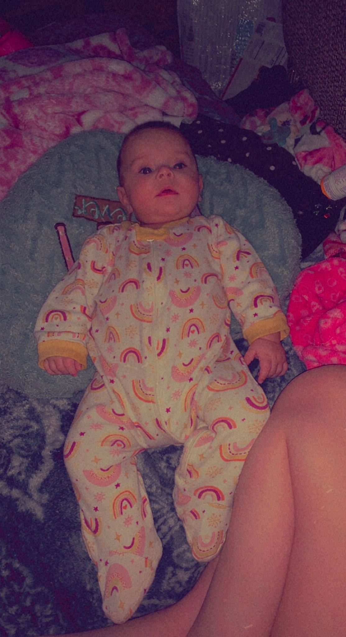 Ariella joined the competition — help win amazing prizes! baby, baby_toddler_clothing, child, comfort, eye, facial_expression, fun, hairstyle, happy, head, linens, mammal, mouth, nose, person, pink, skin, sleeve, textile, thigh