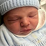 Jean participe au concours pour gagner de l'argent avec cette photo : newborn, baby, sleeping, hat, knitted_hat, blue_clothing, infant, face, close_up, peaceful, soft_lighting, cute, child, portrait, resting, skin_texture, indoors, cozy, newborn_clothes, baby_boy