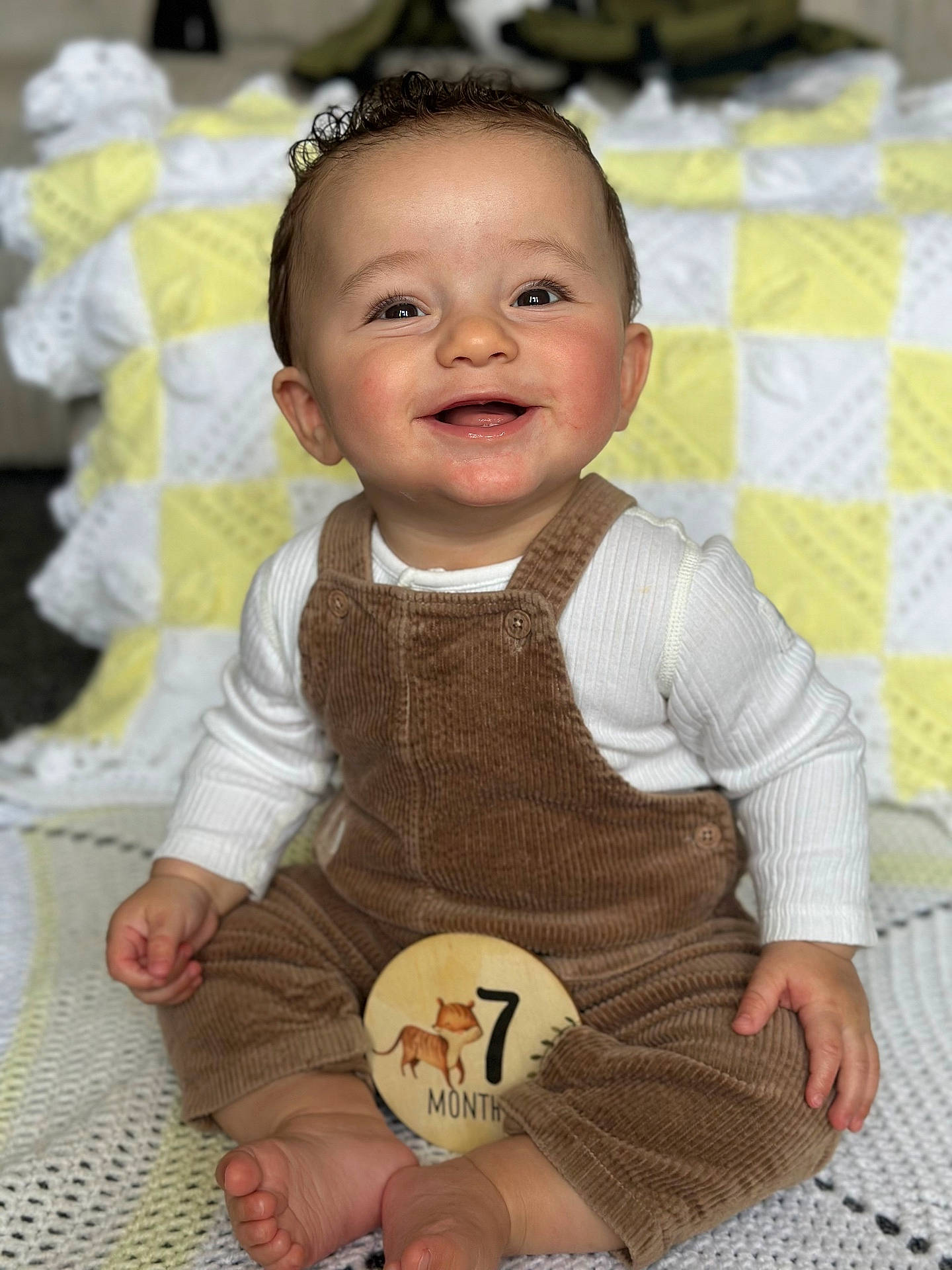 Sonny joined the competition — help win amazing prizes! baby, babylaughing, bodypart, clothing, cushion, dress, face, finger, hand, happy, head, homedecor, jeans, longsleeve, pants, person, photography, portrait, sitting, smile