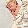 baby, sleeping, blanket, headband, flower, soft, cozy, infant, peaceful, skin, hand, portrait, child, cute, rest, comfort, warmth, striped, plush, nap