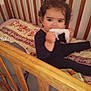 Rahma participe au concours pour gagner de l'argent avec cette photo : toddler, child, crib, wooden_crib, blanket, curly_hair, indoor, baby, cute, chewing, cloth, bed, furniture, sleeping_area, person, infant, young_child, home, decor, soft_focus