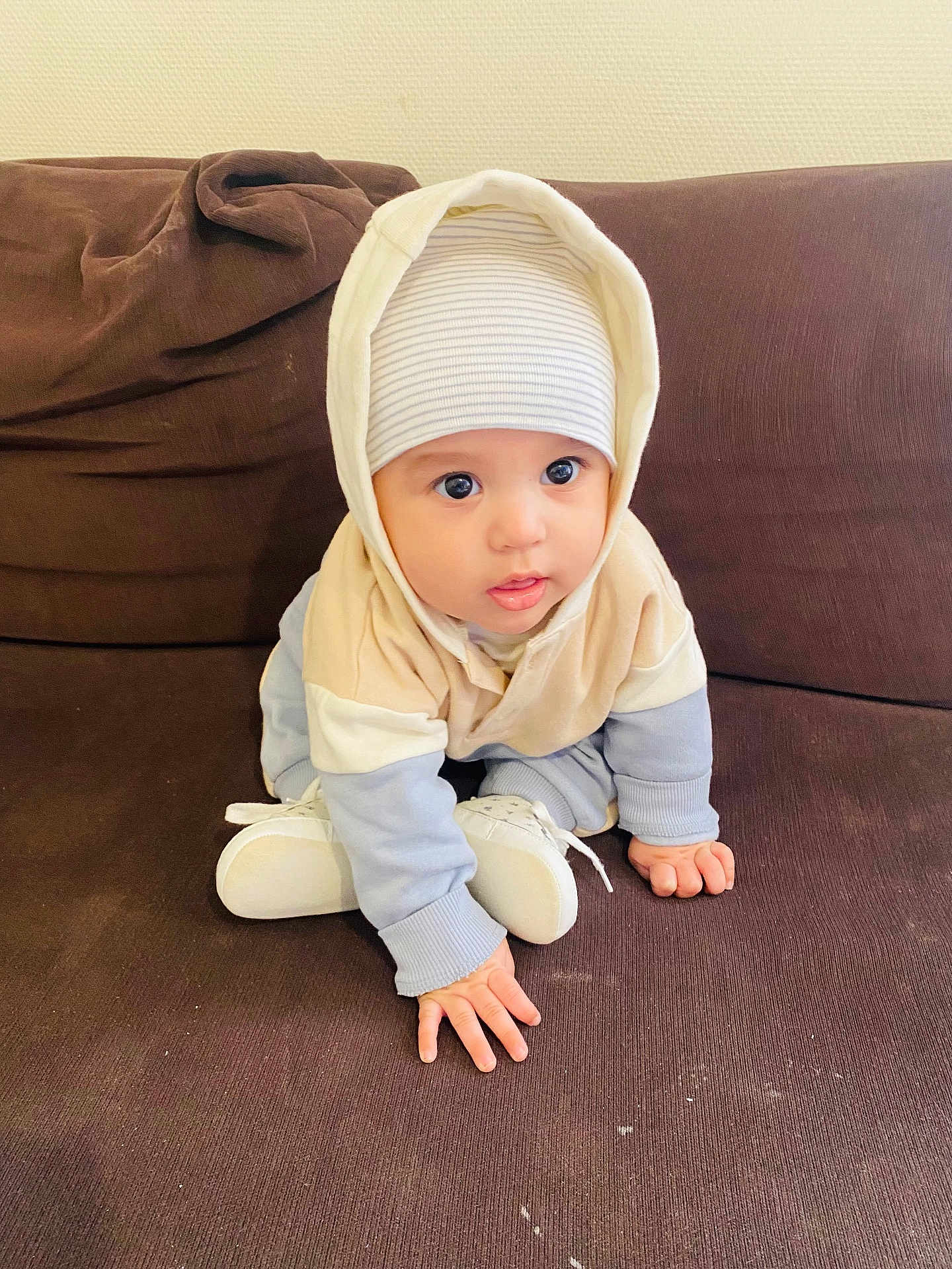 José Anthony a rejoint le concours — aidez-le/la à gagner de superbes lots ! baby, infant, child, hood, beanie, big_eyes, cute, crawling, sitting, couch, sofa, brown_couch, hand, small_hands, shoes, sneakers, onesie, home_interior, portrait, soft_lighting