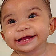 Kaylianna joined the competition — help win amazing prizes! baby, baby_skin, blue_eyes, child, chubby_cheeks, close_up, curly_hair, cute, expression, face, happy, head, indoors, infant, person, portrait, skin, smiling, teeth, wet_hair