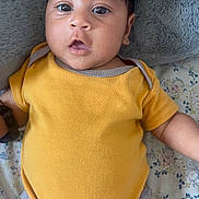 Joel is registered to the contest to win money with this photo: baby, infant, yellow_onesie, blanket, soft_texture, face, eyes, mouth, skin, arm, leg, lying_down, curious, indoors, floral_sheet, child, person, cute, expression, clothing