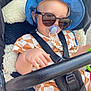 baby, child, stroller, sunglasses, hat, pacifier, checkered_clothing, seatbelt, hand, outdoor, sunhat, infant, cute, fashion, relaxed, baby_accessories, black_straps, baby_clothes, sun_protection, child_in_stroller