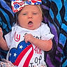 Autumn joined the competition — help win amazing prizes! baby, infant, child, bow, headband, clothing, blanket, striped, blue, purple, red, white, stars, stripes, american_flag, cute, portrait, lying_down, expression, weeks