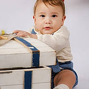 Thiago is registered to the contest to win money with this photo: baby, child, toddler, face, clothing, white_background, wooden_chest, blue_stripes, socks, shoes, indoor, portrait, cute, curious, sitting, hand, red_ship_wheel, studio_photo, soft_lighting, young_child