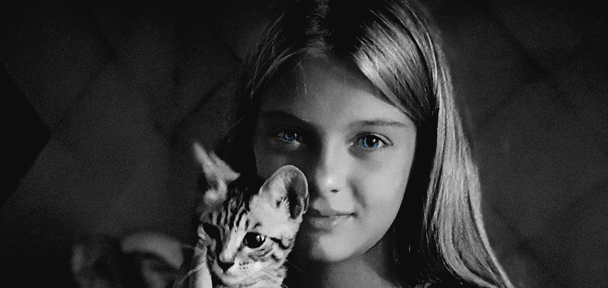 Louna a rejoint le concours — aidez-le/la à gagner de superbes lots ! asian, black_and_white, carnivore, cat, child, eye, face, felidae, gesture, iris, joy, kitten, monochrome, nose, person, photography, portrait, portrait_photography, small_to_medium_sized_cats, smile