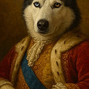 Spike is registered to the contest to win money with this photo: husky, dog, crown, royalty, portrait, costume, regal, blue_sash, fur, animal, clothing, red_robe, gold_embroidery, noble, historical_style, indoor, studio_lighting, expression, face, artistic