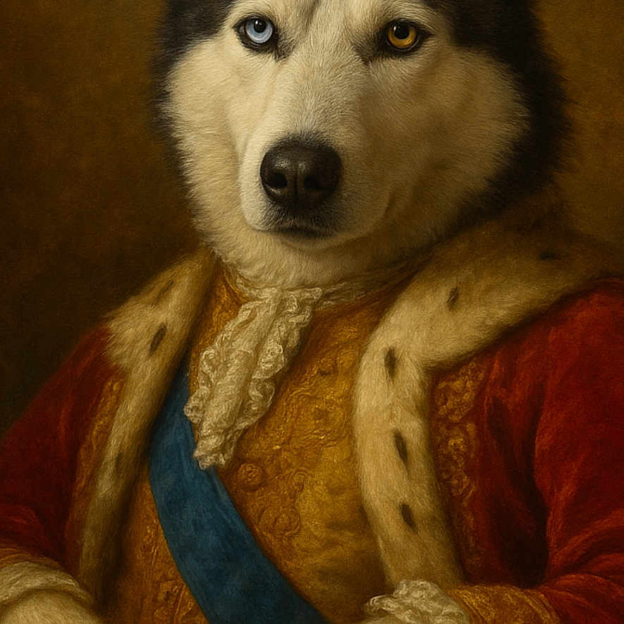 Spike is registered to the contest to win money with this photo: husky, dog, crown, royalty, portrait, costume, regal, blue_sash, fur, animal, clothing, red_robe, gold_embroidery, noble, historical_style, indoor, studio_lighting, expression, face, artistic