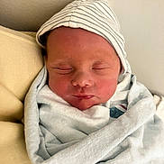 Asher is registered to the contest to win money with this photo: baby, newborn, sleeping, blanket, hat, face, infant, child, wrapped, cozy, closeup, soft, peaceful, indoors, cute, portrait, resting, skin, headwear, young