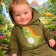 Nino a rejoint le concours — aidez-le/la à gagner de superbes lots ! baby, child, dinosaur_onesie, smiling, green_clothing, prehistoric_background, cartoon_dinosaurs, volcano, waterfall, jungle, plants, flowers, toddler, cute, portrait, sitting, hoodie, fantasy, colorful, outdoor_scene