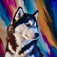 Focus is registered to the contest to win money with this photo: alert, animal, beautiful, black_and_white, canine, close_up, colorful_background, companion, dog, ears, fluffy, fur, husky, looking_away, muzzle, nature, outdoor, pet, portrait, side_view