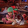 Focus is registered to the contest to win money with this photo: child, christmas_elf, cozy, dog, festive, gift_box, hat, holiday_decor, indoor, playful, puppy, smiling, socks, sports_ball, striped_clothing, teddy_bear, toy, window, wooden_floor, wooden_wall