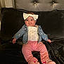 Jailyah joined the competition — help win amazing prizes! baby, child, denim_jacket, pink_pants, pink_shoes, headband, bow, couch, velvet, plush, smiling, indoor, clothing, portrait, sitting, cute, infant, fashion, comfortable, furniture