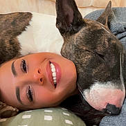 Vidocq participe au concours pour gagner de l'argent avec cette photo : woman, dog, smile, face, pet, brindle, white, close_up, indoor, couch, resting, companion, cozy, happy, relaxation, friendship, human, animal, head, comfort