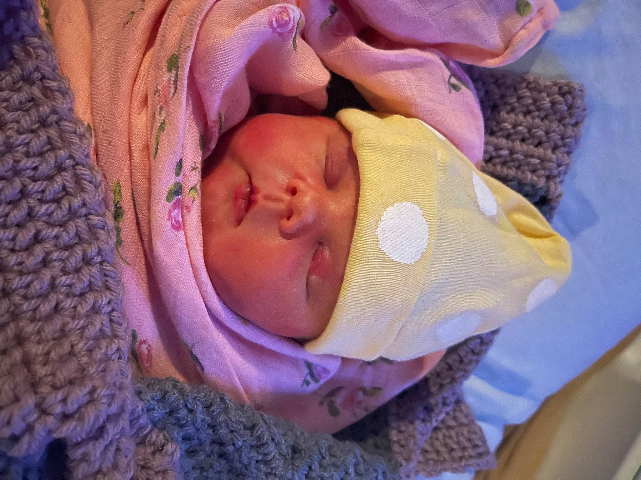 Shaelynn joined the competition — help win amazing prizes! arm, baby, baby_products, baby_sleeping, baby_toddler_clothing, bedtime, cheek, comfort, finger, hand, head, headgear, headwear, human_body, knit_cap, linens, person, purple, skin, textile