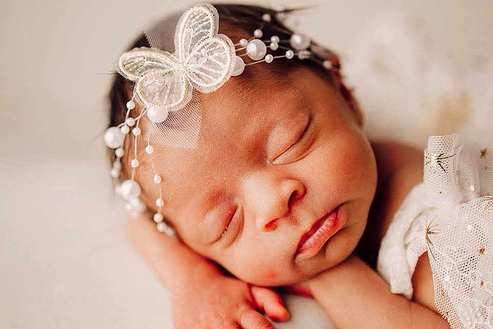 Kaliyah joined the competition — help win amazing prizes! newborn, baby, sleeping, headband, butterfly, lace, pearls, face, hands, soft_lighting, portrait, closeup, peaceful, infant, cute, resting, skin, tender, delicate, adorable