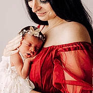 Kaliyah joined the competition — help win amazing prizes! newborn, baby, woman, mother, holding, sleeping, dress, red_dress, headband, butterfly, portrait, love, tenderness, skin, face, hand, indoor, soft_light, closeup, family