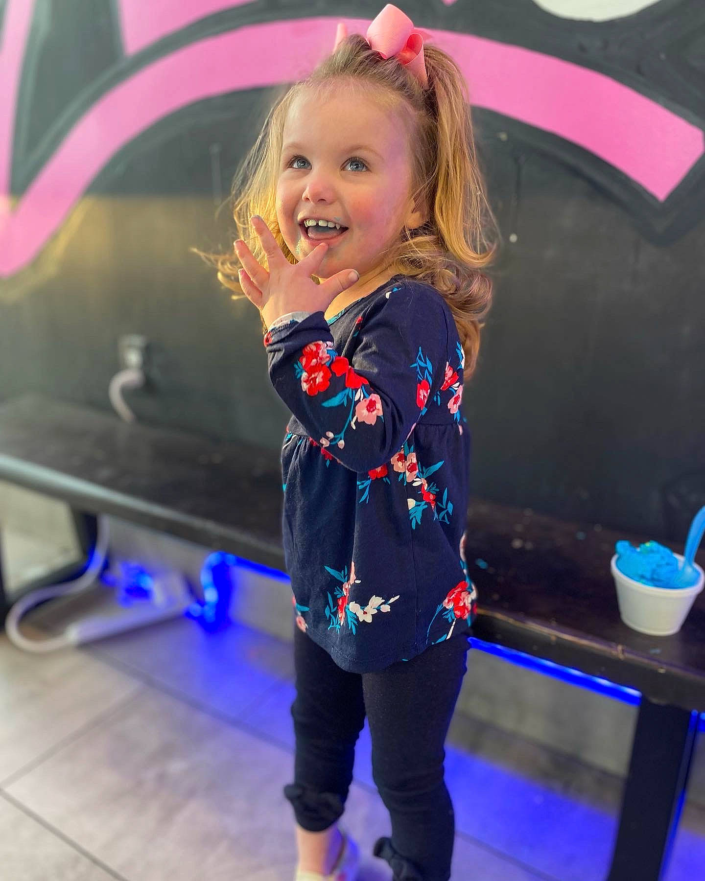 Kinsley joined the competition — help win amazing prizes! blond, blue, child, cool, electric_blue, entertainment, event, flooring, fun, hairstyle, happy, leisure, magenta, person, pink, purple, recreation, smile, tableware, toddler