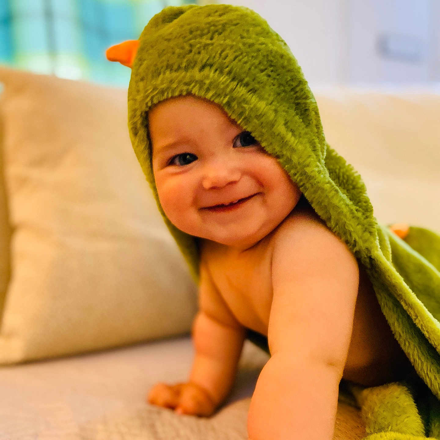 William is registered to the contest to win money with this photo: baby, blanket, child, chubby, couch, crawling, cute, face, green, happy, hood, indoors, infant, person, playful, room, skin, smile, soft, towel