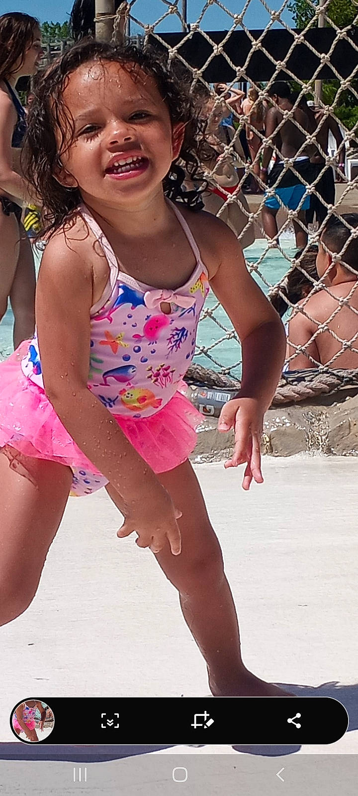 Layla joined the competition — help win amazing prizes! barefoot, chest, child, fence, fun, happy, leg, leisure, mesh, one_piece_swimsuit, people_on_beach, person, pink, recreation, smile, summer, swimwear, thigh, toddler, underpants