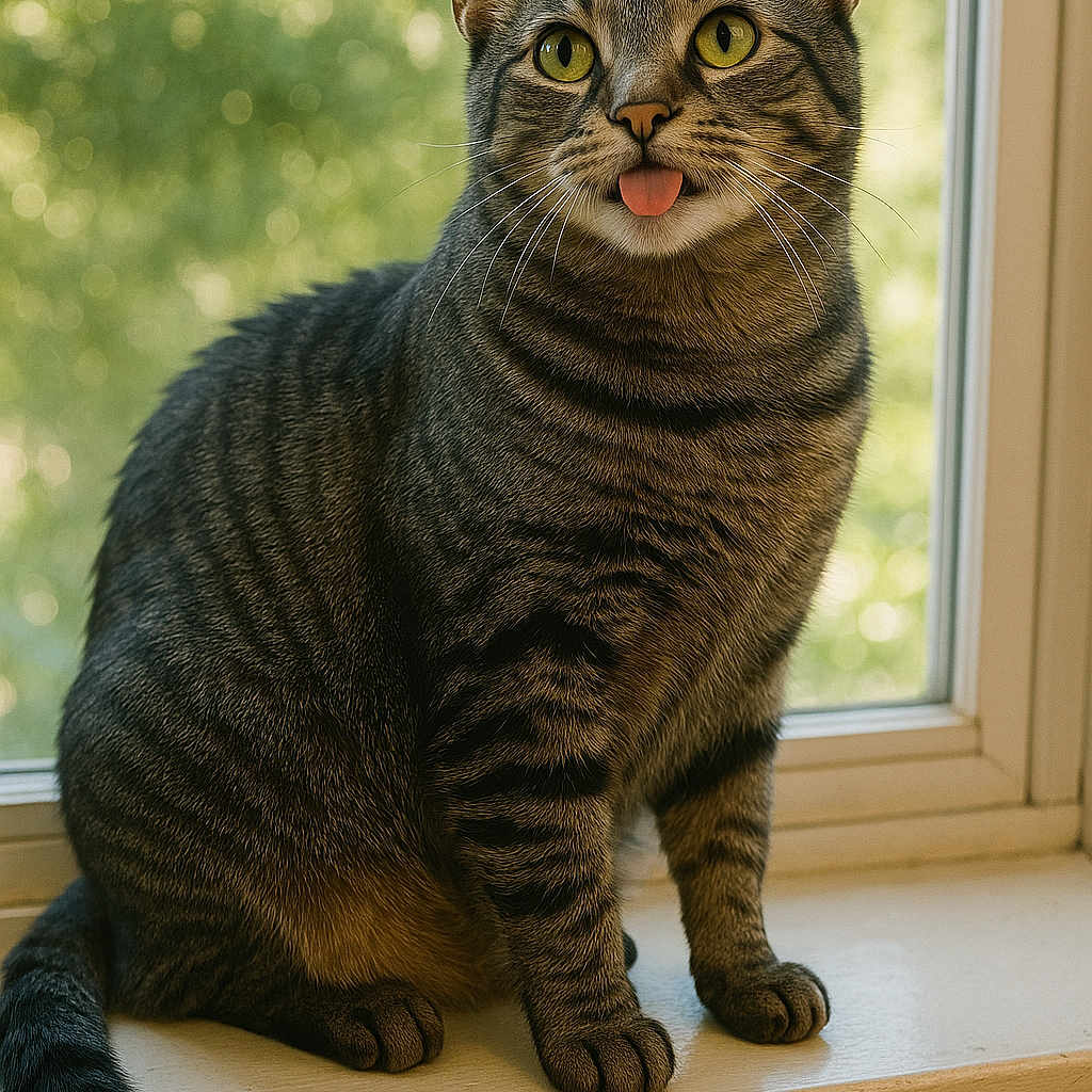 Tinker Belle is registered to the contest to win money with this photo: animal, cat, close_up, curious, cute, daylight, ears, feline, fur, green_background, indoor, pet, playful, sitting, striped, tabby, tongue_out, whiskers, window, windowsill
