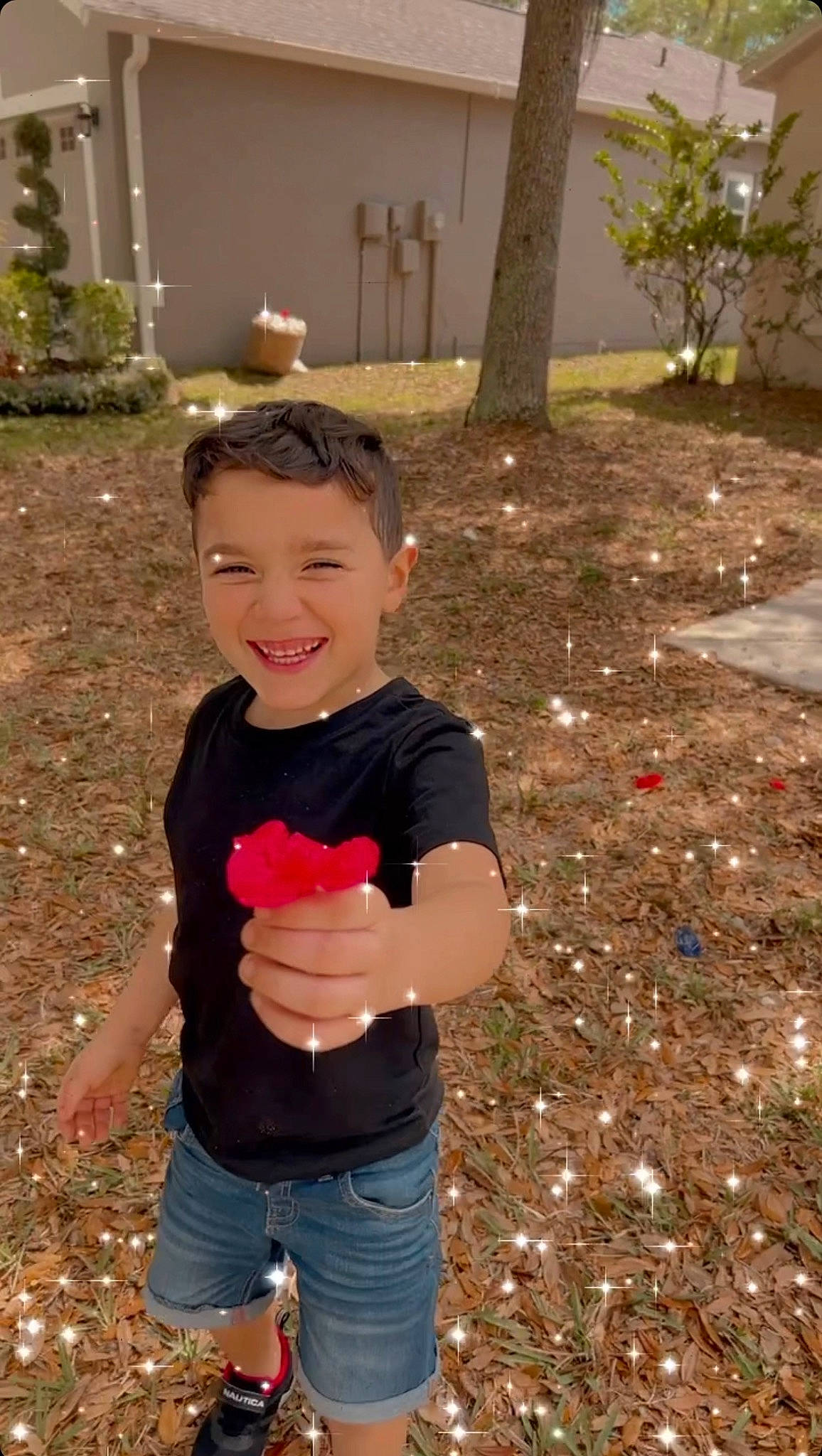 Isaiah is registered to the contest to win money with this photo: child, face, fun, garden, grass, happy, joy, leaf, leisure, people_in_nature, person, plant, recreation, shorts, sleeve, smile, soil, spring, t_shirt, toddler