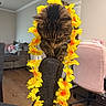 Clarence joined the competition — help win amazing prizes! animal, cat, chair, couch, cozy, curious, domestic_animal, flower_lei, furniture, home, indoor, living_room, looking_down, orange_flowers, pet, pink_chair, playful, tabby_cat, wood_floor, yellow_flowers