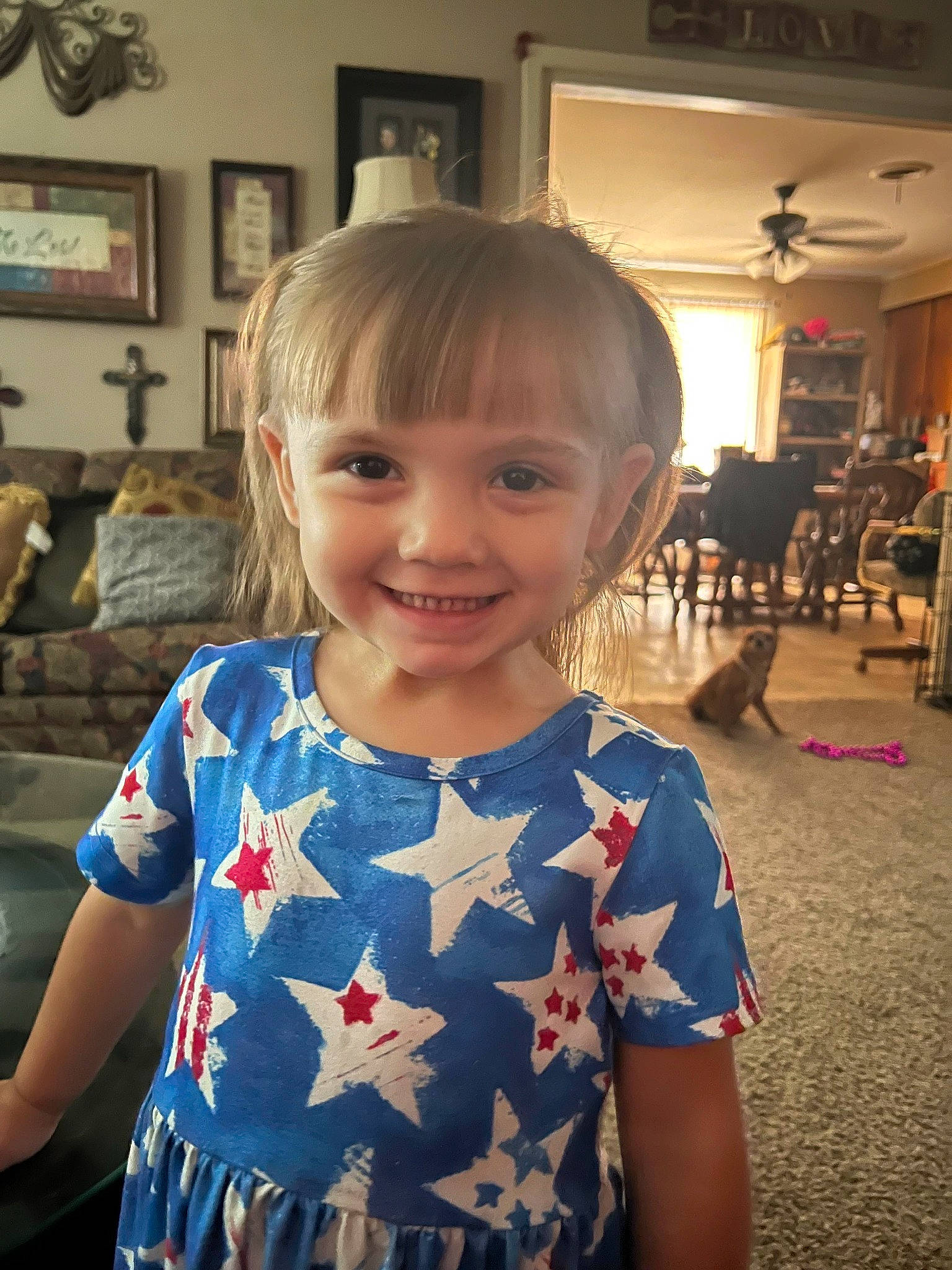 Abigail joined the competition — help win amazing prizes! bangs, blond, chair, child, couch, electric_blue, event, eye, flooring, fun, hairstyle, happy, iris, joy, leisure, pattern, person, picture_frame, smile, standing