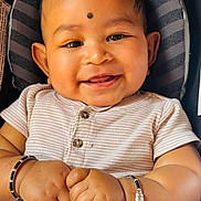 Mayank joined the competition — help win amazing prizes! baby, infant, child, smiling, portrait, close_up, car_seat, seated, striped, clothing, bracelets, hands, face, eyes, hair, gummy_smile, indoor, happy, adorable, photography