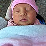 Fiona joined the competition — help win amazing prizes! baby, newborn, infant, sleeping, pink_hat, blanket, hand, outdoor, face, closeup, peaceful, person, soft_texture, warm_clothing, child, portrait, resting, cute, young, skin