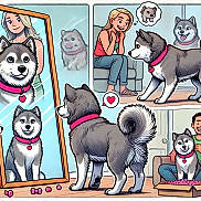 Baxter joined the competition — help win amazing prizes! husky, dog, mirror, reflection, woman, man, couch, living_room, pink_collar, heart_tag, tail, playful, smiling, box, confetti, comic_panel, illustration, cartoon, friendship, pets