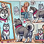 husky, dog, mirror, reflection, woman, man, couch, living_room, pink_collar, heart_tag, tail, playful, smiling, box, confetti, comic_panel, illustration, cartoon, friendship, pets