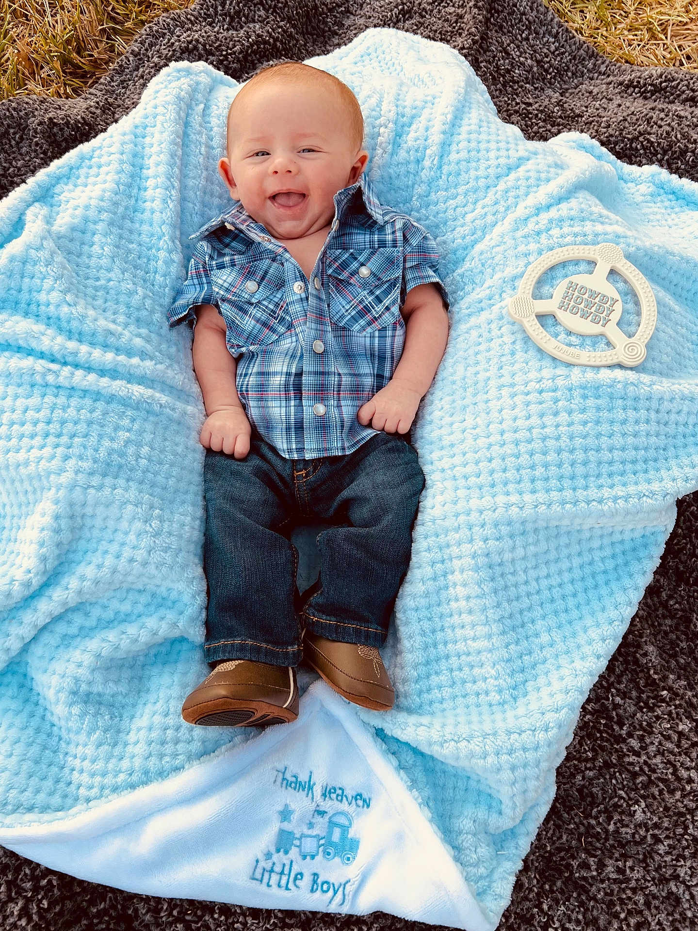 Greyson joined the competition — help win amazing prizes! baby, blanket, clothing, face, footwear, furniture, happy, head, homedecor, jeans, newborn, pants, person, photography, portrait, quilt, shirt, shoe, shorts, smile