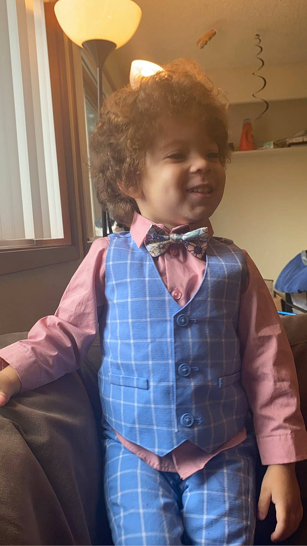 Karson joined the competition — help win amazing prizes! blazer, blond, bow_tie, button, child, collar, denim, dress_shirt, electric_blue, eyewear, fashion_accessory, formal_wear, joy, pattern, person, plaid, sleeve, smile, tartan, tie