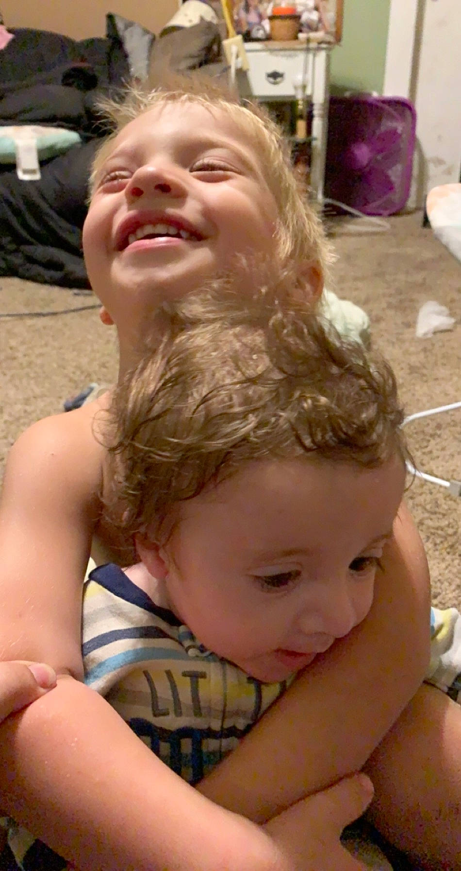 Brantley joined the competition — help win amazing prizes! blond, chest, child, face, hair, joy, mouth, neck, person, throat, toddler