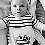Diego a rejoint le concours — aidez-le/la à gagner de superbes lots ! baby, blanket, casual_wear, child, closeup, comfortable, cozy, cute, indoors, infant, lying_down, monochrome, playful, portrait, smiling, soft_texture, striped_clothing, teddy_bear_illustration, wide_eyes, young_child