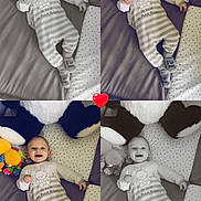 Diego participe au concours pour gagner de l'argent avec cette photo : baby, child, smiling, pajamas, plush_toys, bed, star_pattern, collage, black_and_white, color, heart_emoji, cute, joyful, infant, lying_down, soft_toys, striped_clothing, indoors, happy, portrait