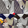 baby, child, smiling, pajamas, plush_toys, bed, star_pattern, collage, black_and_white, color, heart_emoji, cute, joyful, infant, lying_down, soft_toys, striped_clothing, indoors, happy, portrait