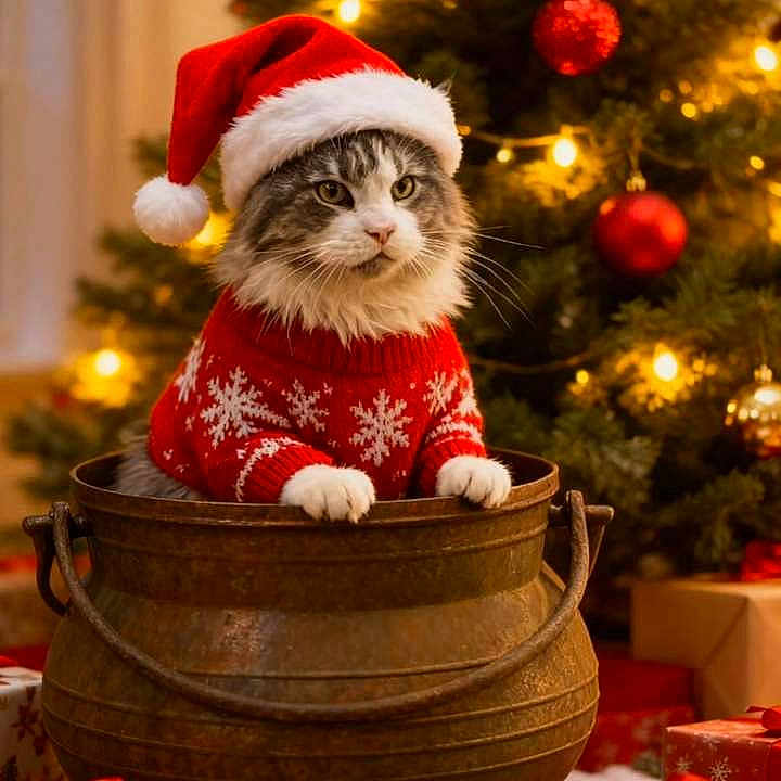 Rubeus a rejoint le concours — aidez-le/la à gagner de superbes lots ! animal, cat, cauldron, christmas_lights, christmas_sweater, christmas_tree, cozy, cute, decorations, festive, fur, gifts, holiday, indoor, ornaments, pet, red, santa_hat, warm_lighting, white