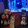 animal, baby, cat, clothing, doll, elf, face, figurine, glove, hat, head, lighting, nature, outdoors, person, pet, snow, snowman, toy, winter