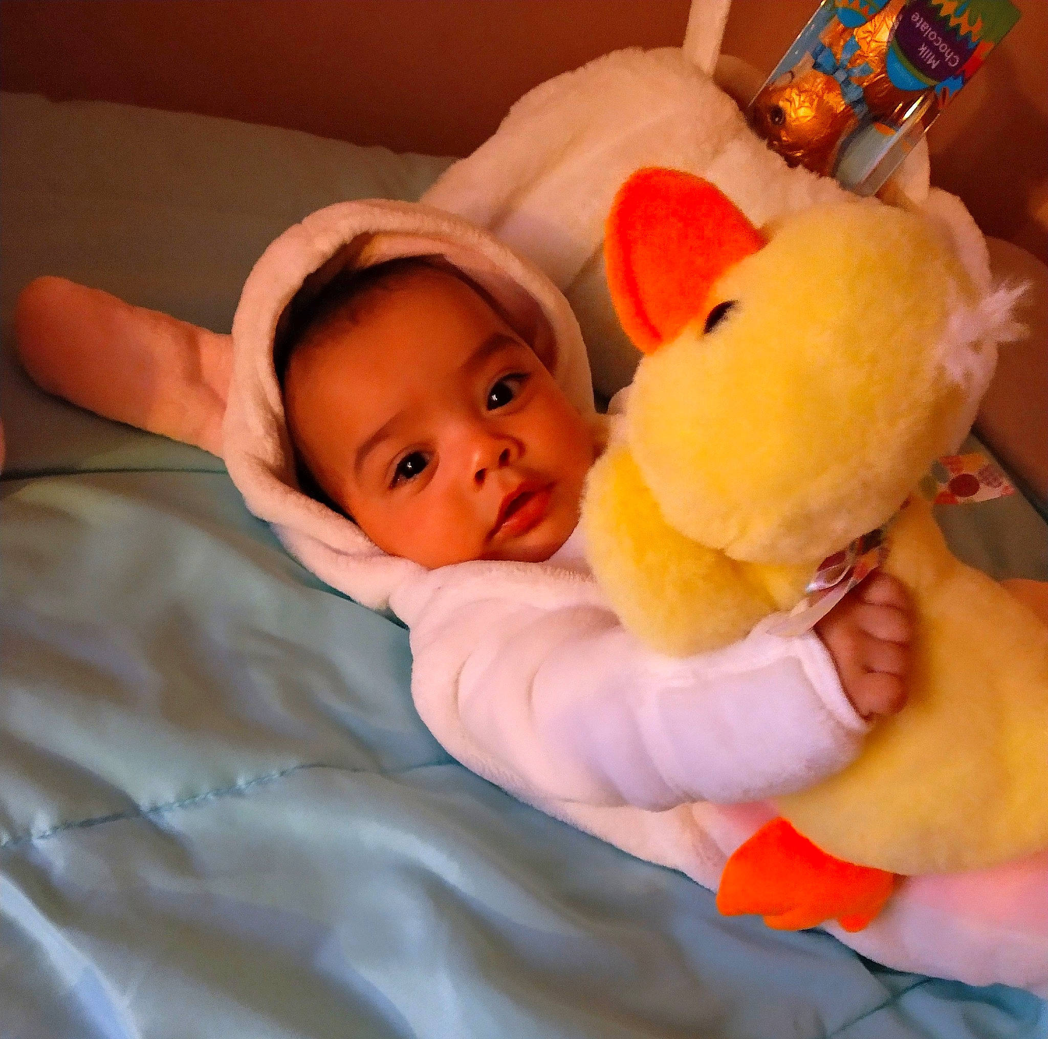 Sky joined the competition — help win amazing prizes! baby, baby_toddler_clothing, baby_toys, bedtime, cheek, child, comfort, duck, finger, fun, happy, linens, nose, orange, person, plush, room, stuffed_toy, textile, toddler