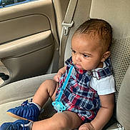 Kaiion joined the competition — help win amazing prizes! baby, child, car_seat, plaid_clothing, blue_sneakers, pacifier, serious_expression, seatbelt, car_interior, window, door, side_view, infant, young_child, sitting, human, casual_wear, footwear, indoors, transportation