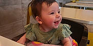 Shiloh joined the competition — help win amazing prizes! baby, background, blanket, casual, child, face, green_clothing, hair, happy, high_chair, indoor, infant, light, person, restaurant, seat, smile, table, window, yellow_chair
