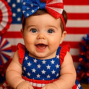 Shiloh joined the competition — help win amazing prizes! american_flag, baby, blue, bow, celebration, child, clothing, cute, face, happy, headband, holiday, infant, patriotic, portrait, red, smiling, stars, stripes, white