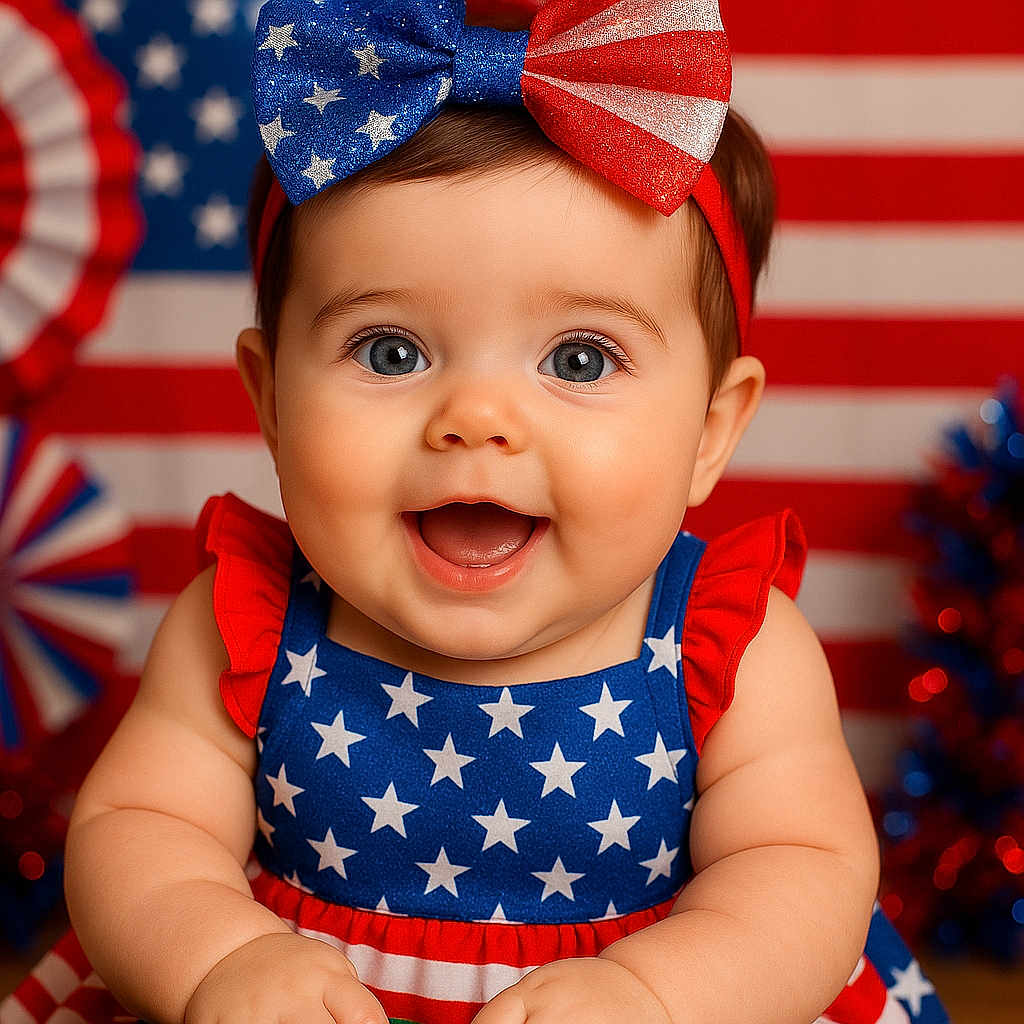 Shiloh joined the competition — help win amazing prizes! american_flag, baby, blue, bow, celebration, child, clothing, cute, face, happy, headband, holiday, infant, patriotic, portrait, red, smiling, stars, stripes, white