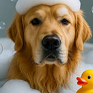 Milo is registered to the contest to win money with this photo: golden_retriever, dog, bath, foam, bubbles, rubber_duck, pet, animal, cute, water, soap, wet, indoors, closeup, canine, mammal, playful, fun, yellow, bubble_bath