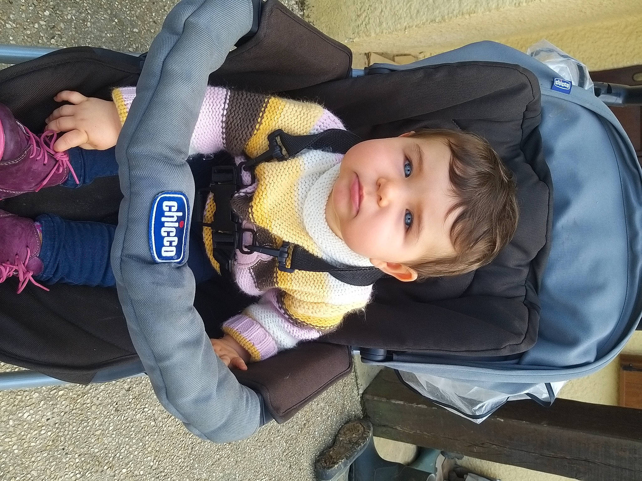 Eloise a rejoint le concours — aidez-le/la à gagner de superbes lots ! baby, baby_carriage, baby_products, baby_toddler_clothing, child, comfort, fun, gesture, lap, person, product, sitting, smile, thumb, toddler, tree