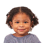 Azalea is registered to the contest to win money with this photo: child, toddler, smile, curly_hair, striped_shirt, portrait, face, earrings, happy, cute, innocence, studio, white_background, person, headshot, young_child, fashion, hair_accessories, closeup, expression